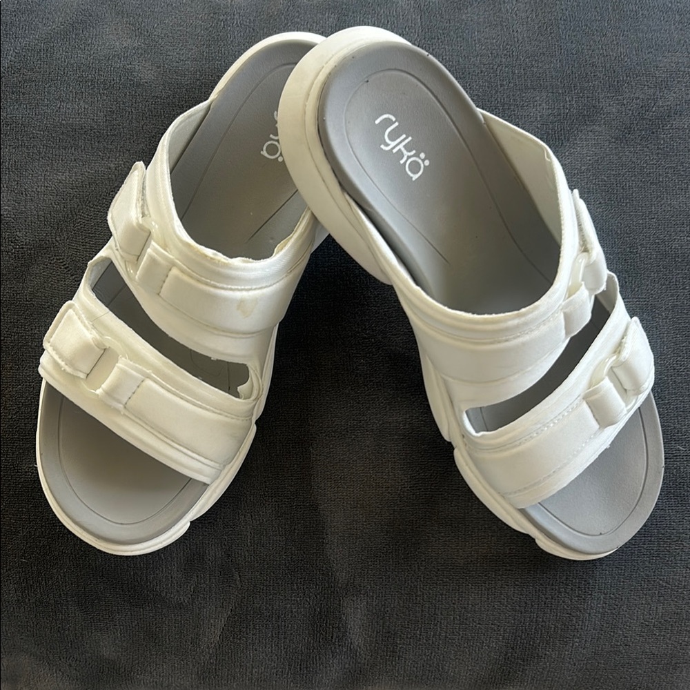 Ryka White Sporty Slide Sandals with Padded Footbed